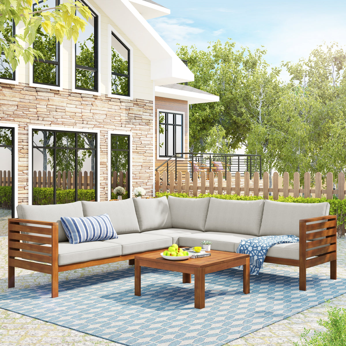 Wood Structure Outdoor Sofa Set with Beige Cushions