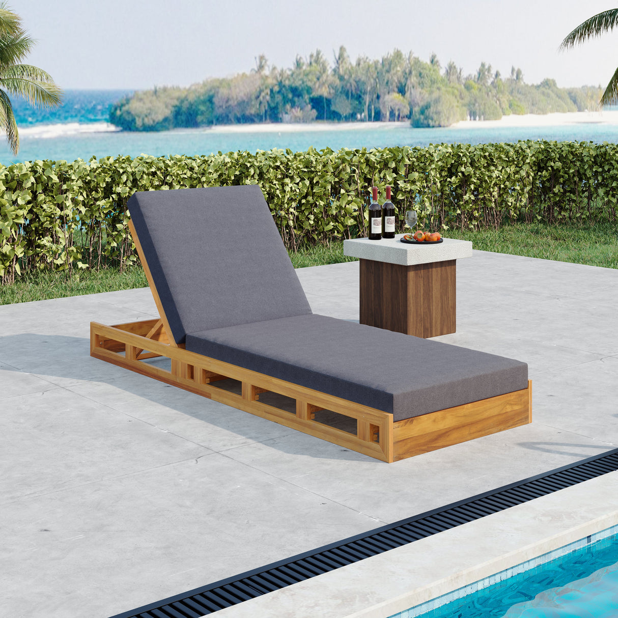 Lounge Chaise Set - Acacia Wood with Water-Resistant Cushions