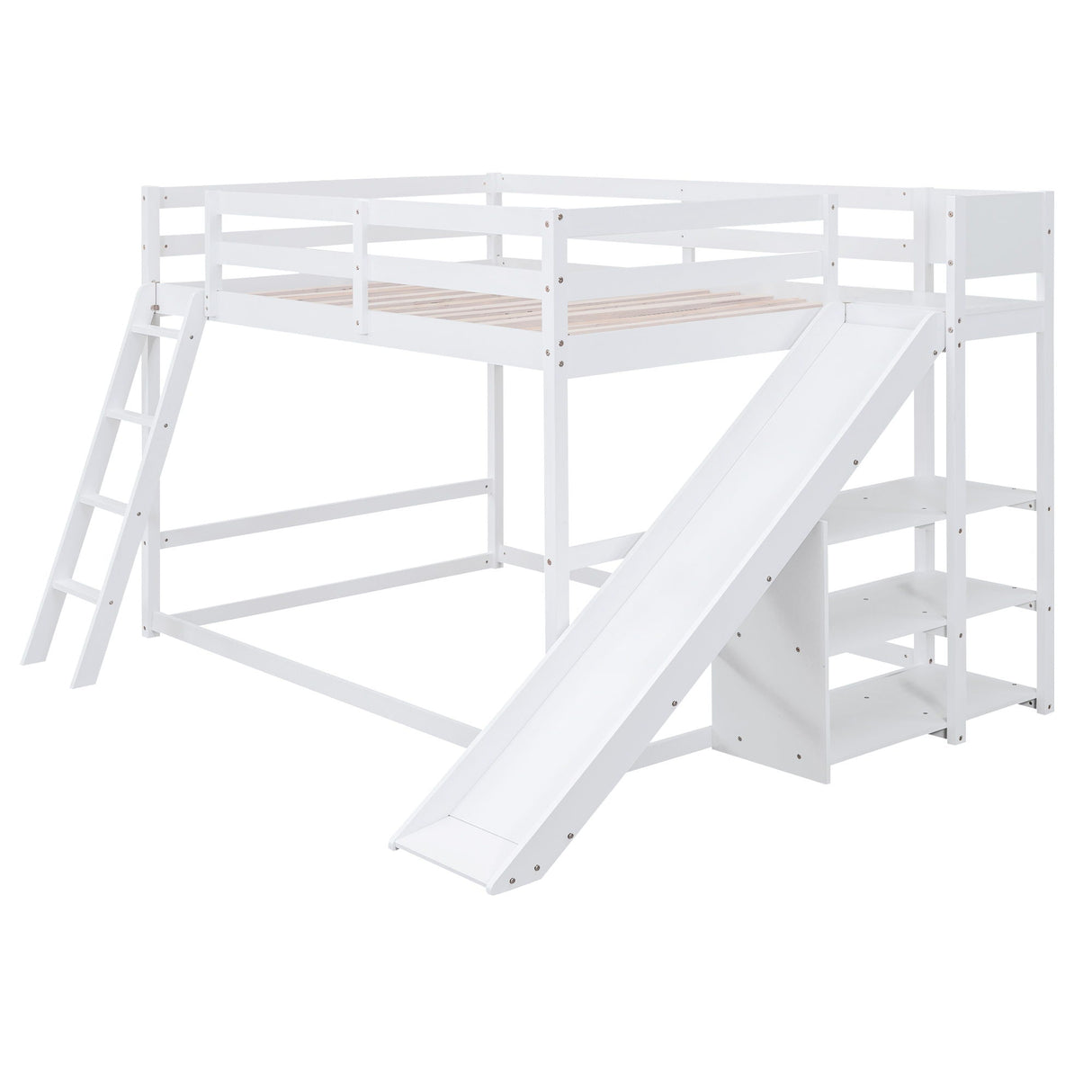 Bunk Bed With Ladder, Slide, And Shelves Pine Wood