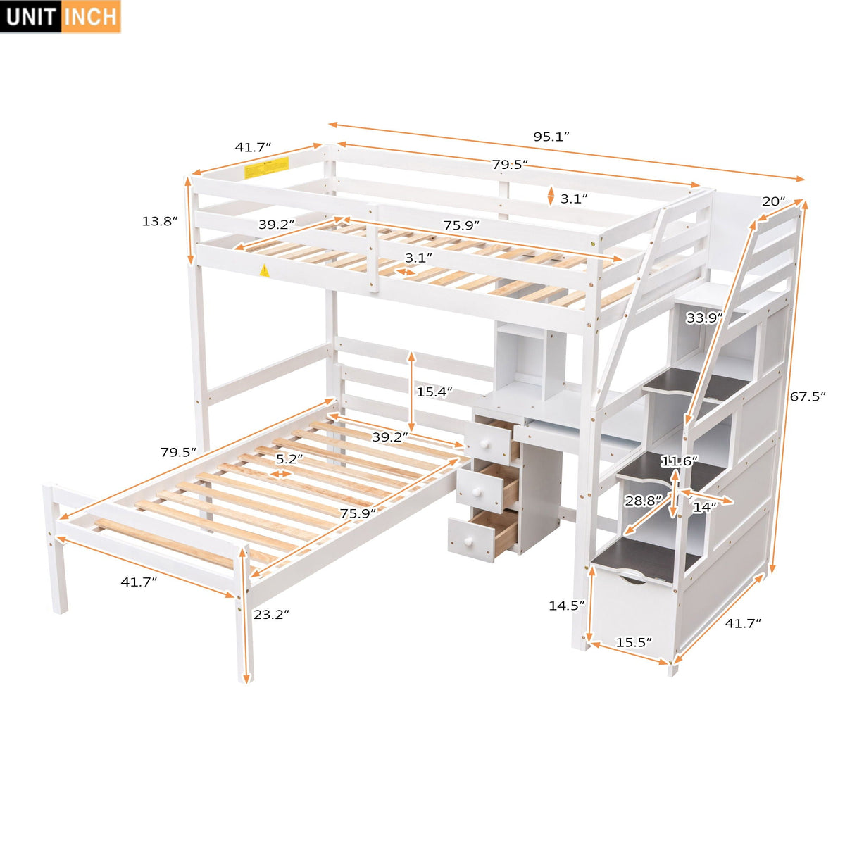 Loft Bed With Stand Alone Bed, Storage Staircase, Desk, Shelves, And Drawers