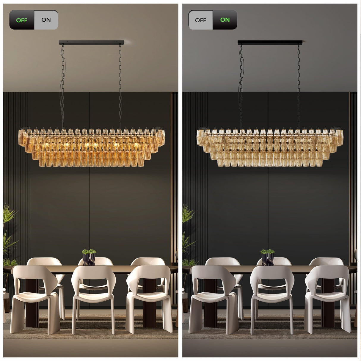 54' Black Rectangular Chandeliers for Dining Room, 12-Light 4 Tiered Large Smoke Glass Chandelier, Modern Kitchen Island Farmhouse Hanging Light Fixture for Living Room Foyer(Bulb not included)