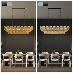 54' Black Rectangular Chandeliers for Dining Room, 12-Light 4 Tiered Large Smoke Glass Chandelier, Modern Kitchen Island Farmhouse Hanging Light Fixture for Living Room Foyer(Bulb not included)