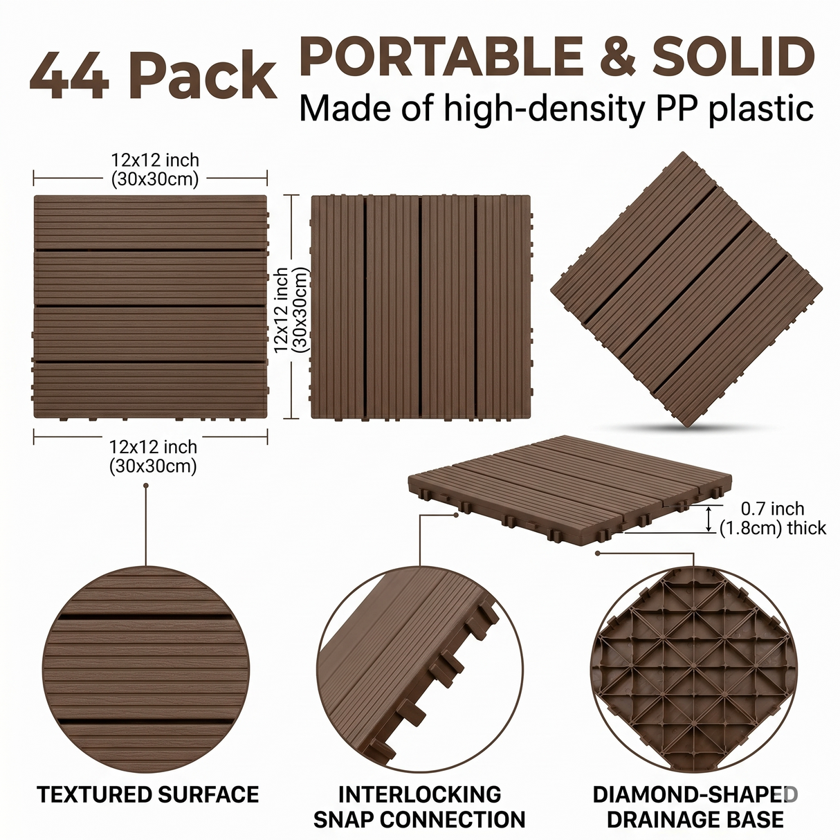 Plastic Interlocking Deck Tiles, 44 Pack 12"x12"