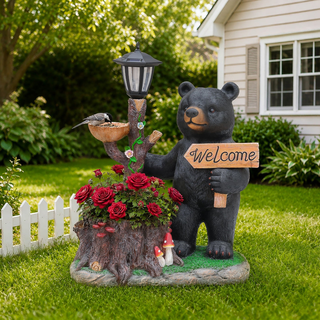 Decorative Standing Black Bear Garden Planter with Solar-Powered Lantern