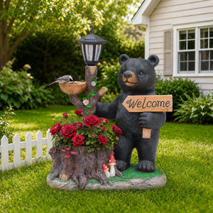 Decorative Standing Black Bear Garden Planter with Solar-Powered Lantern