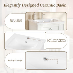 French Style Bathroom Vanity With Sink, Soft-Closing Door, Adjustable Shelf, Rectangular Design