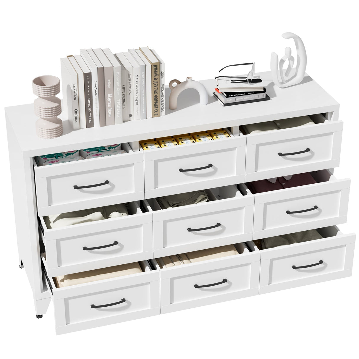 9 Drawer Dresser for Bedroom, Metal Profile Chest of Drawers, White Bedroom Dresser with Storage Drawers for Closet, Hallway, Entryway, Steel Furniture with Quiet-Glide Rails, Easy-Clean & Scratch