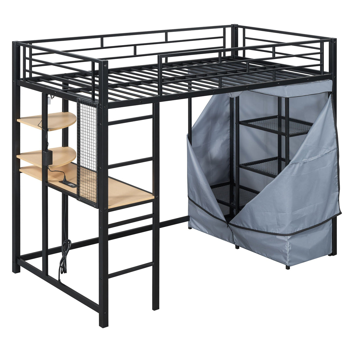 Loft Bed With Desk, Shelves, Power Outlet, LED Light And Wardrobe
