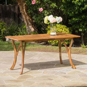 Outdoor Rectangular Table With Curved Legs And Perpendicular Wooden Slats Table Top