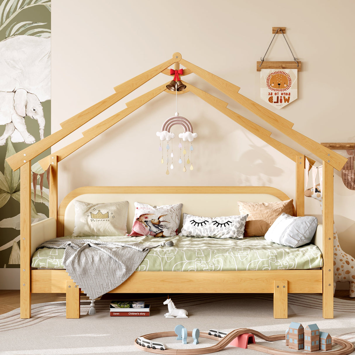 Twin Size Wood Treehouse Bed with Soft Cushion Rails