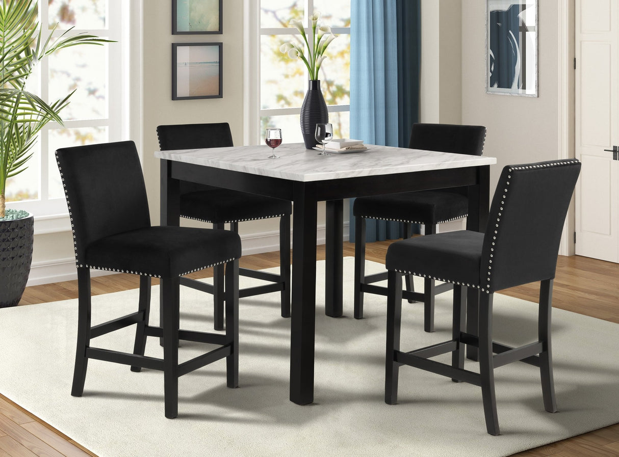5pc-counter-height-dining-set-square-white-faux-marble-table-black-velvet-upholstered-tufted-nail-head-chairs-wooden-leg-Kitchen-&-Dining-Furniture-Sets