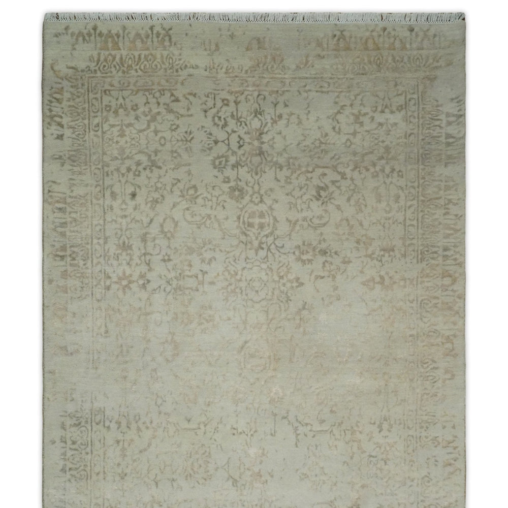 5x7 Fine Hand Knotted Beige and Brown Traditional Style Antique Wool and Silk Rug