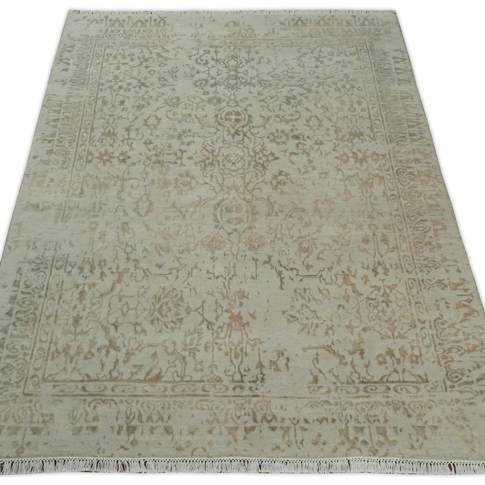 5x7 Fine Hand Knotted Beige and Brown Traditional Style Antique Wool and Silk Rug