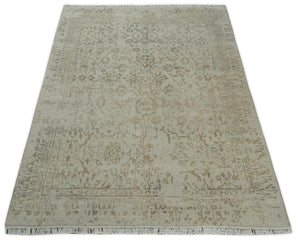 5x7 Fine Hand Knotted Beige and Brown Traditional Style Antique Wool and Silk Rug
