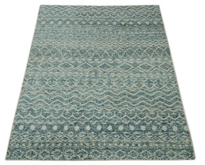 5x7 Teal and Beige Hand knotted southwestern Tribal trellis recycled Art Silk rug