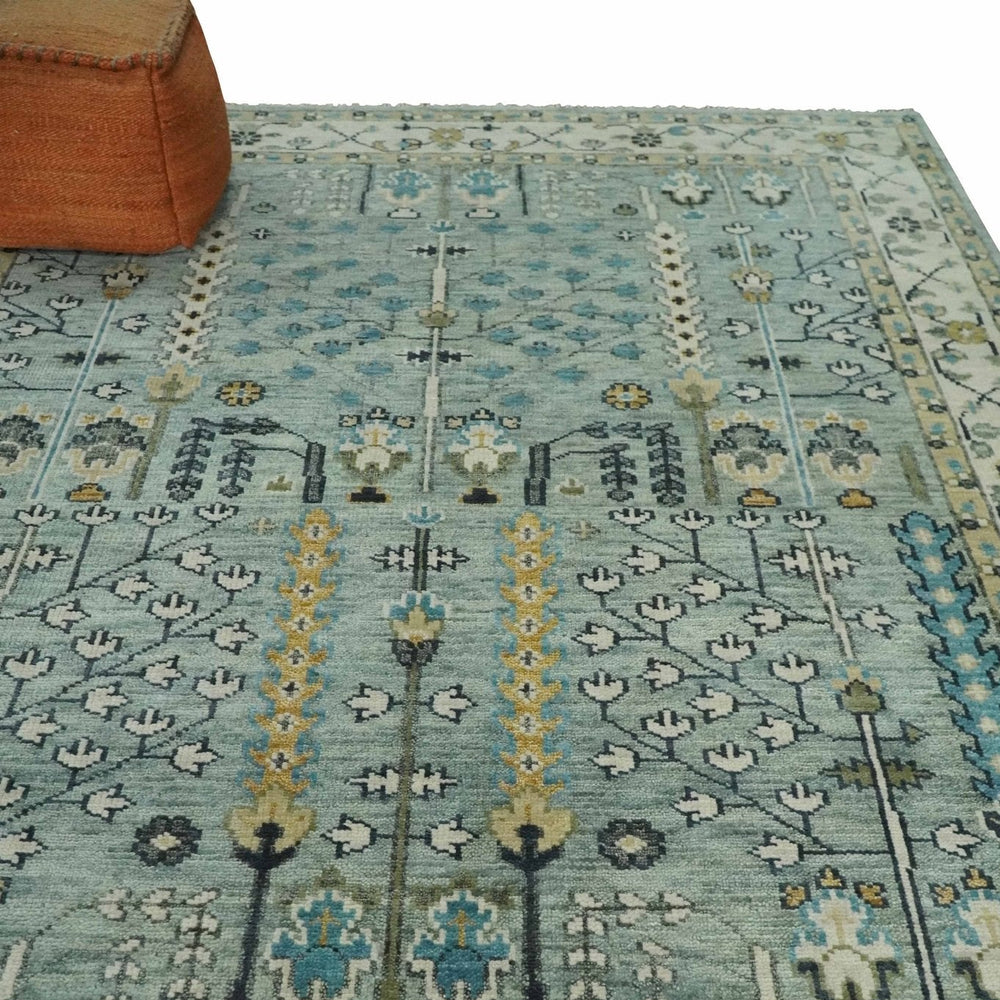 Hand Knotted Traditional Blue and Ivory Antique Oushak Custom Made Wool Area Rug