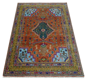 Hand Knotted Rust and Blue Traditional Floral Multi Size Wool Area Rug