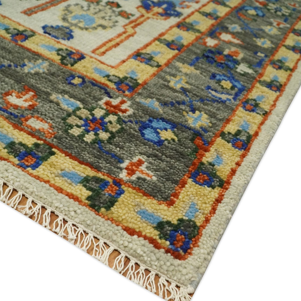 Hand Knotted Ivory and Charcoal Traditional Vintage Style Custom Made Wool Area Rug