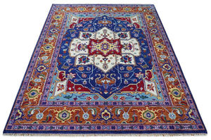 Blue and Rust Hand Knotted Traditional Heriz Multi Size wool Area Rug