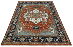 Hand Knotted Blue and Rust Traditional Heriz Multi Size Wool Area Rug