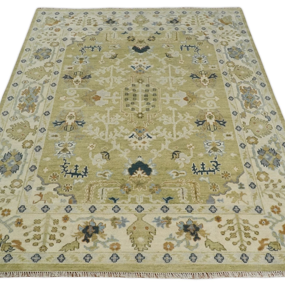 Hand Knotted Custom Made Olive, Silver and Beige Traditional Wool Rug