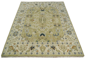 Hand Knotted Custom Made Olive, Silver and Beige Traditional Wool Rug