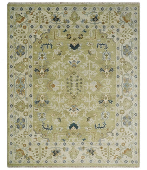 Hand Knotted Custom Made Olive, Silver and Beige Traditional Wool Rug