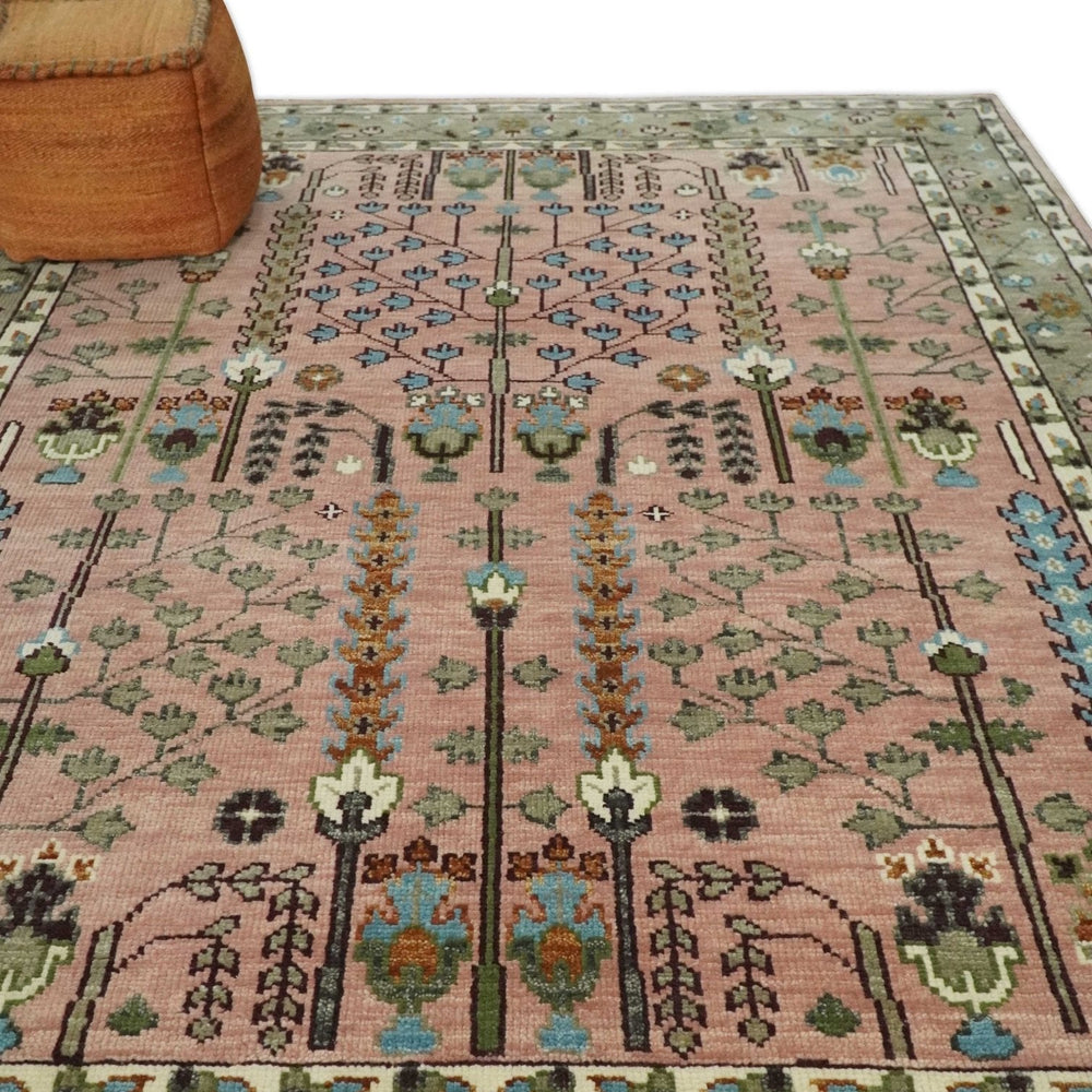 Pink, Olive and Beige Traditional Vintage Heriz Serapi Wool Rug
