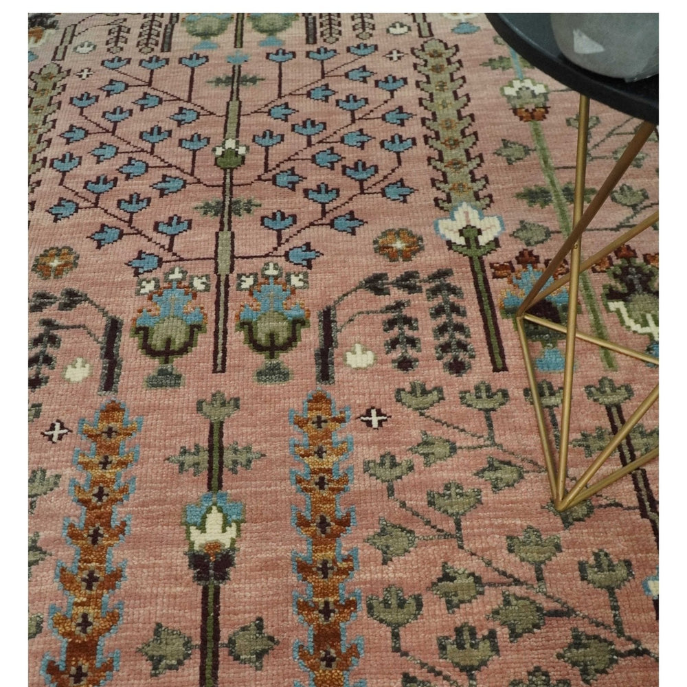Pink, Olive and Beige Traditional Vintage Heriz Serapi Wool Rug