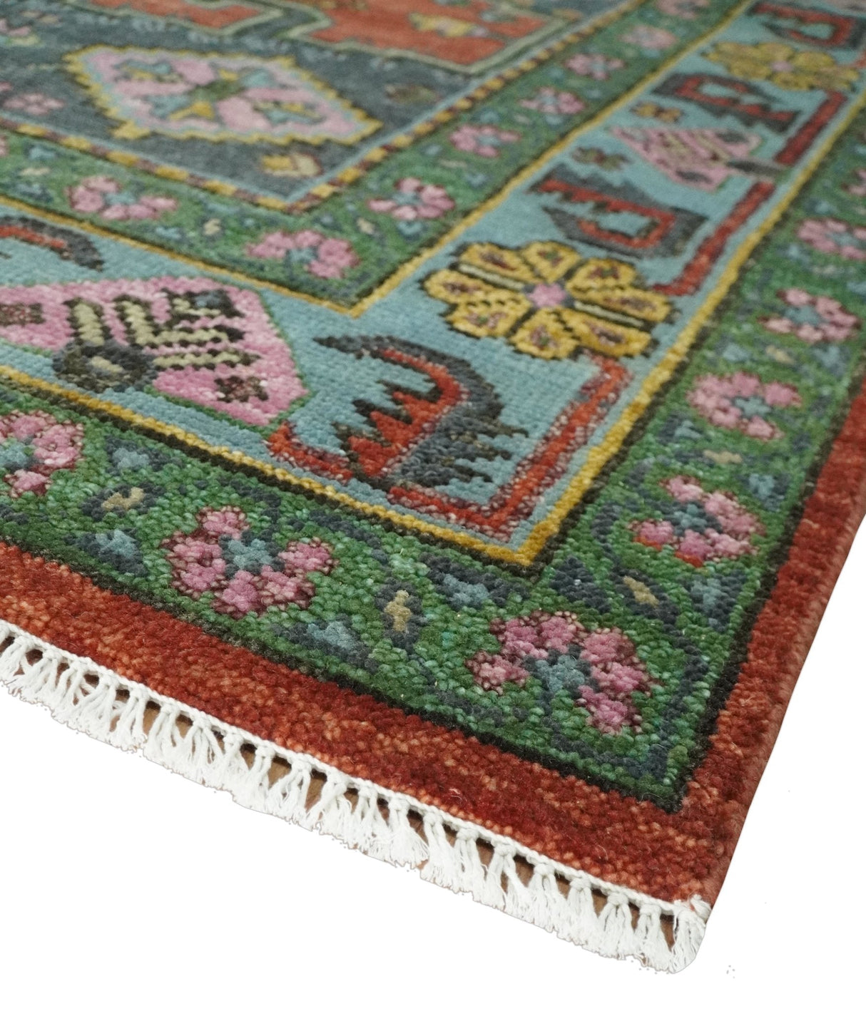 Hand Knotted Rust, Blue and Olive Traditional Antique Wool Rug