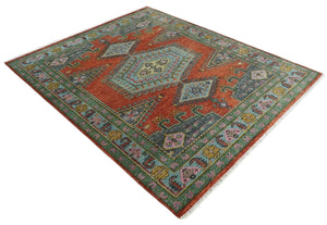 Hand Knotted Rust, Blue and Olive Traditional Antique Wool Rug