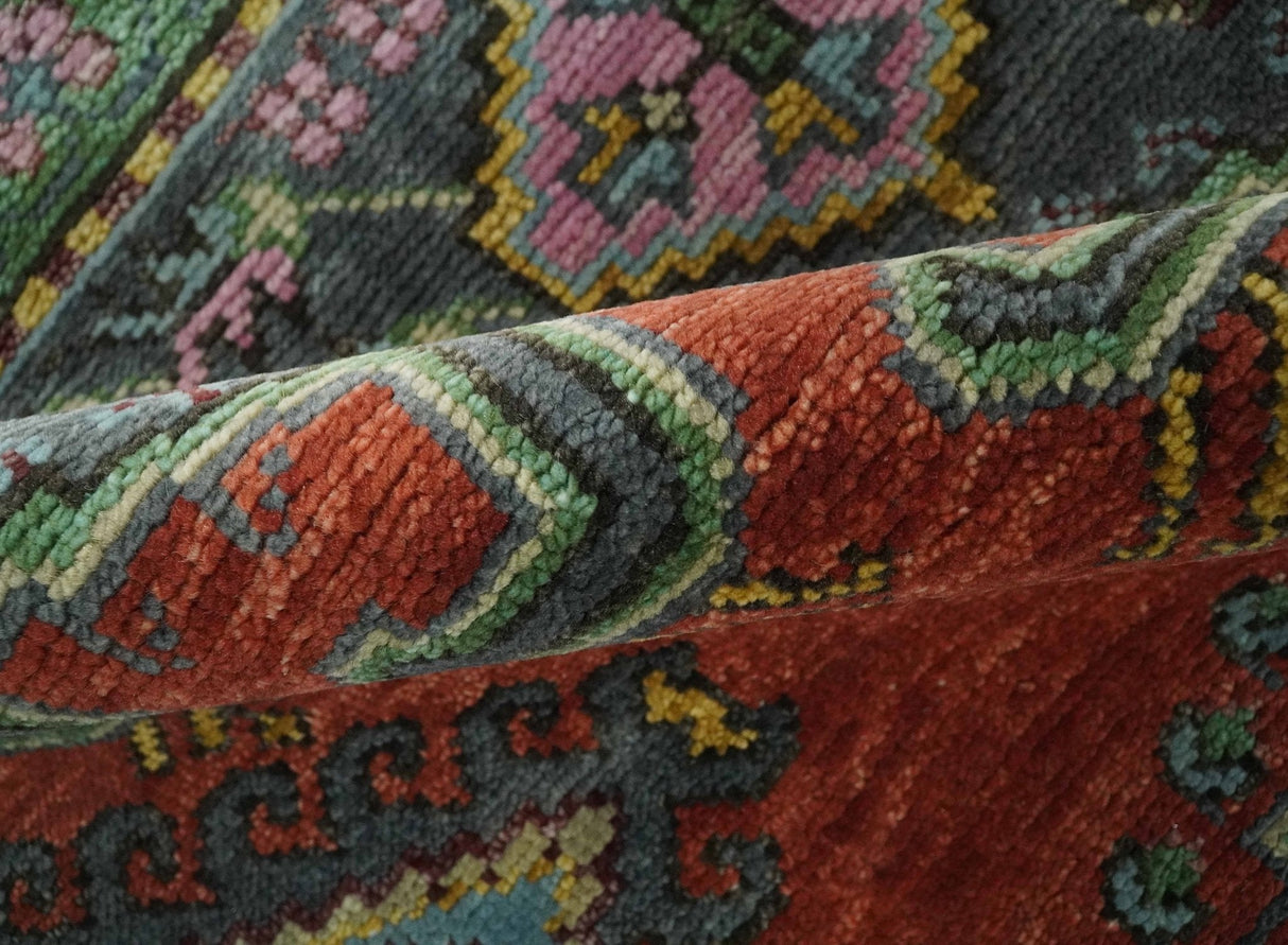 Hand Knotted Rust, Blue and Olive Traditional Antique Wool Rug