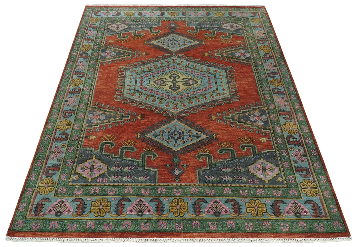 Hand Knotted Rust, Blue and Olive Traditional Antique Wool Rug
