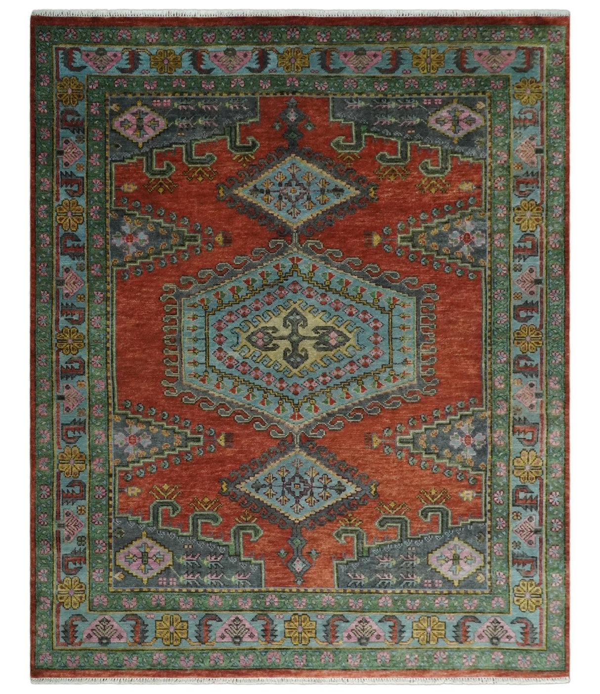 Hand Knotted Rust, Blue and Olive Traditional Antique Wool Rug