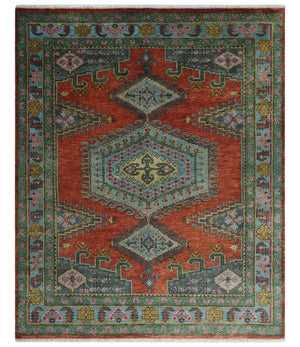 Hand Knotted Rust, Blue and Olive Traditional Antique Wool Rug