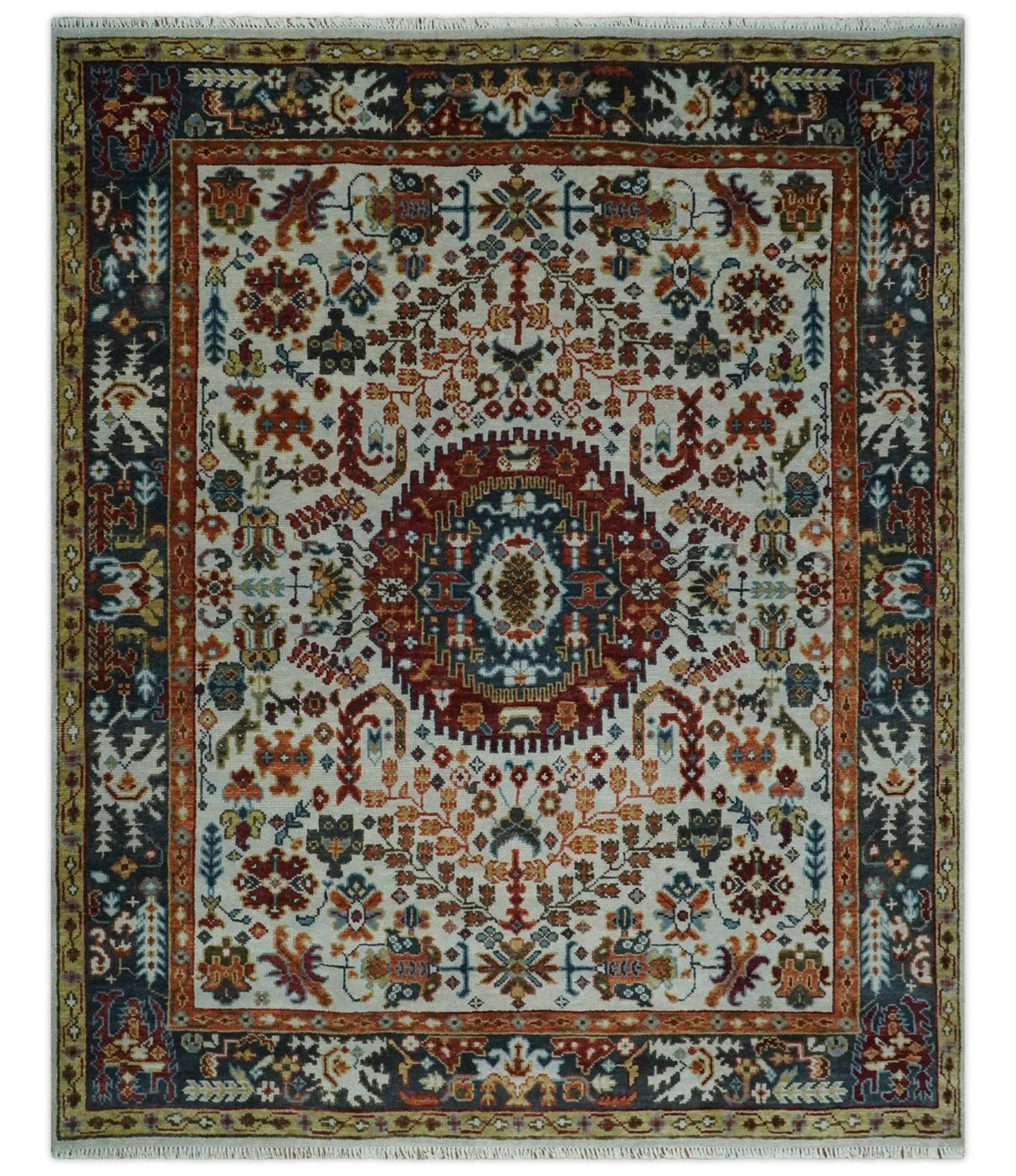 Hand Knotted traditional Oriental Ivory, Rust and Gray wool Area Rug