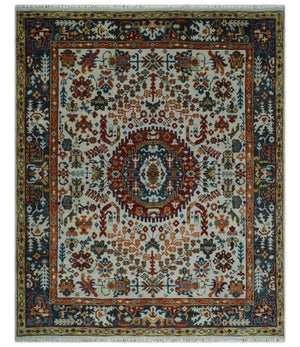 Hand Knotted traditional Oriental Ivory, Rust and Gray wool Area Rug