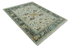 Beige and Gray Traditional Oriental Oushak Hand Knotted Wool Area Rug