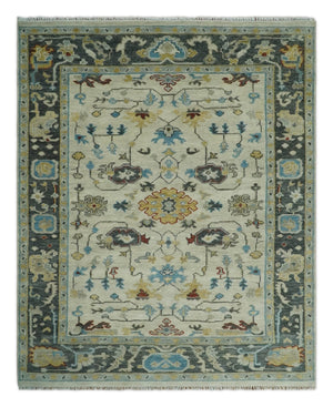 Beige and Gray Traditional Oriental Oushak Hand Knotted Wool Area Rug
