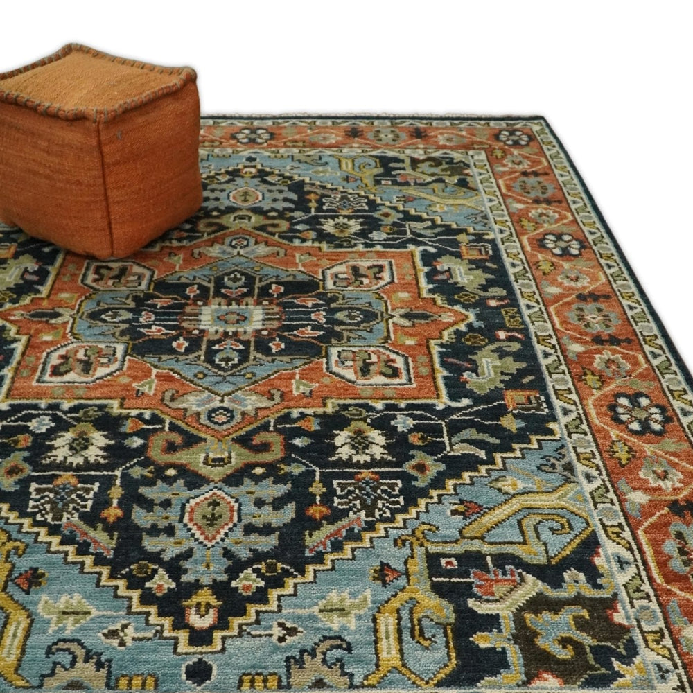 Rust, Blue and Aqua Traditional Heriz Hand knotted Multi Size wool Area Rug