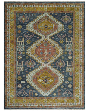 Rust, Gold and Blue Traditional Hand knotted Custom Made wool Area Rug