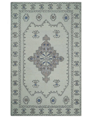 Ivory and Peach Persian Style Tribal Hand Tufted Wool Area Rug
