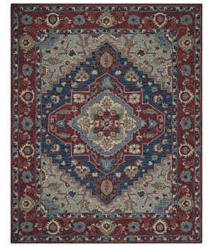 Maroon and Blue Hand Tufted Traditional Medallion Multi Size wool Area Rug
