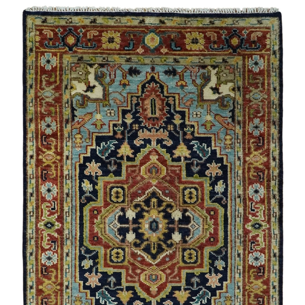 Custom Made Traditional Blue and Rust Hand Knotted Wool Area Rug