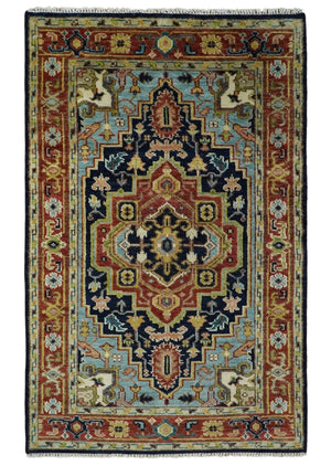 Custom Made Traditional Blue and Rust Hand Knotted Wool Area Rug