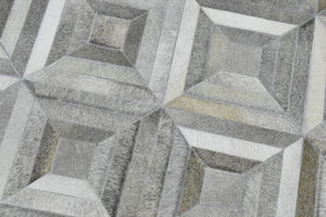 Genuine Leather Geometrical Design Handmade Silver and Gray Area Rug