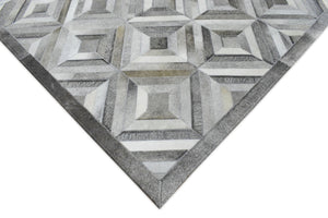 Genuine Leather Geometrical Design Handmade Silver and Gray Area Rug