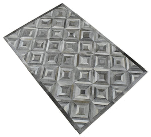 Genuine Leather Geometrical Design Handmade Silver and Gray Area Rug
