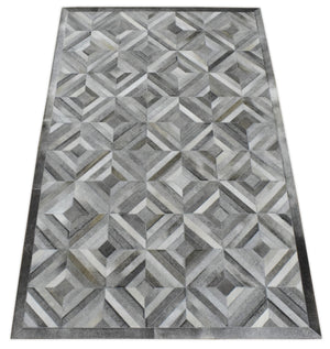 Genuine Leather Geometrical Design Handmade Silver and Gray Area Rug
