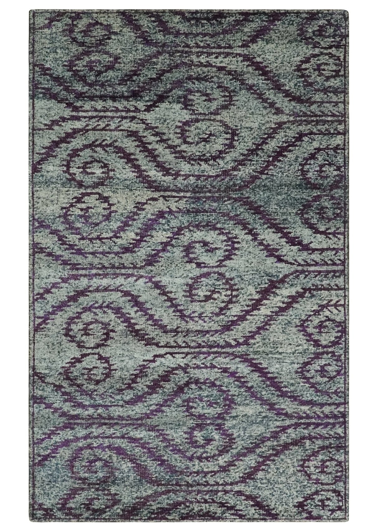 5x8 and 8x10 Hand Knotted  Blue, Gray and Purple Modern Contemporary Southwestern Tribal Recycled Silk Area Rug